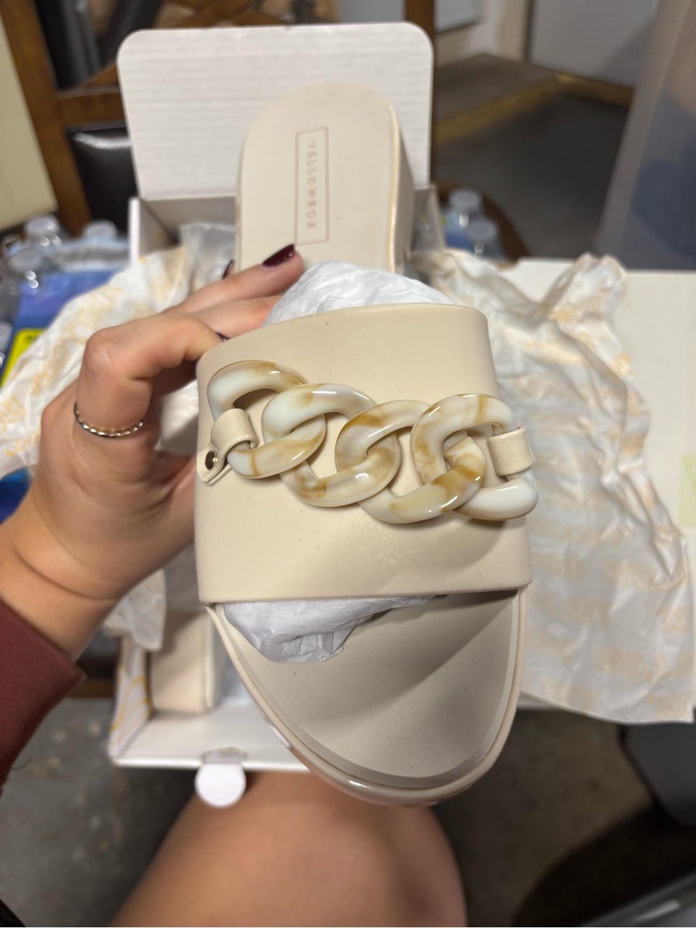 Yellowbox Cream Chain-Trim Slide Sandals